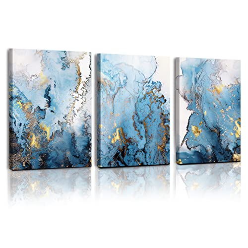 SERIMINO Abstract Canvas Wall Art for Living Room, Wall Decor for Bedroom, Blue Gold Marbling Pictures for Bathroom Wall Decoration, Painting Set for Office, Home Decor for Wall