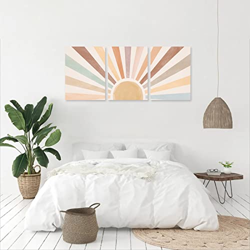 Boho Sun Wall Art Set of 3, Framed Canvas Wall Art Rainbow Sun Rising on the Horizon Geometric Nature Illustrations Line Art Wall, Mid-Century Modern Prints Boho Wall Decor for Living Room, Bedroom, Bathroom, Office, 12"x16" Watercolor