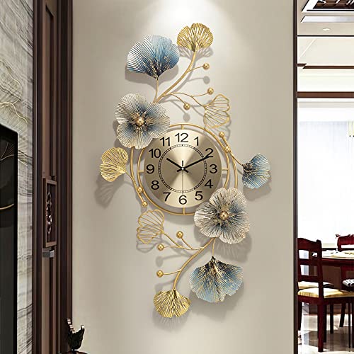 Fmnnfp Large Decorative Wall Clock 37 Inch Silent Non-Ticking Metal Wall Clock Art Design Ginkgo Leaf Big Wall Clock for Living Room Decor