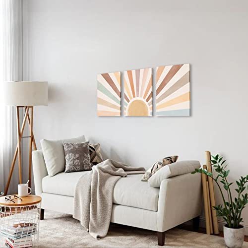 Boho Sun Wall Art Set of 3, Framed Canvas Wall Art Rainbow Sun Rising on the Horizon Geometric Nature Illustrations Line Art Wall, Mid-Century Modern Prints Boho Wall Decor for Living Room, Bedroom, Bathroom, Office, 12"x16" Watercolor