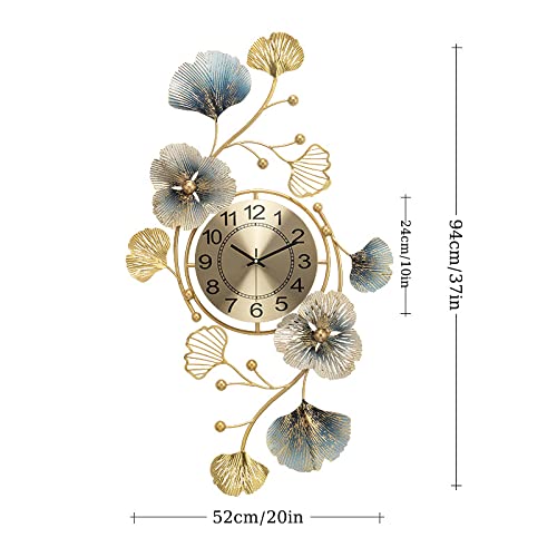 Fmnnfp Large Decorative Wall Clock 37 Inch Silent Non-Ticking Metal Wall Clock Art Design Ginkgo Leaf Big Wall Clock for Living Room Decor