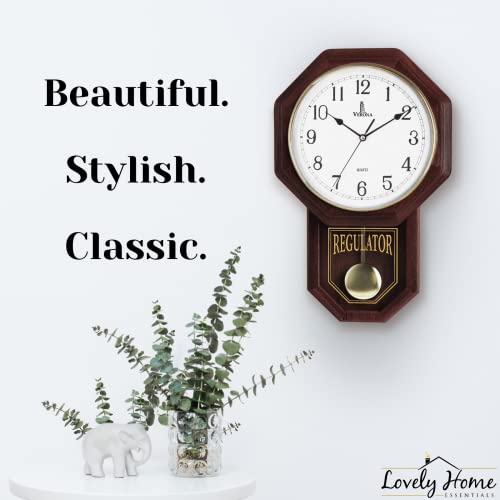 Pendulum Wall Clock - Regulator Clock - Wooden Schoolhouse Wall Clock with Pendulum - Wood Pendulum Clock Battery Operated - Decorative Wall Clocks for Living Room Decor, Home, Office and Gift 18x11