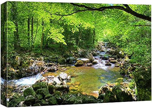 wall26 Canvas Print Wall Art River Through The Green Forest Nature Wilderness Photography Modern Art Rustic Scenic for Living Room, Bedroom, Office - 32"x48"