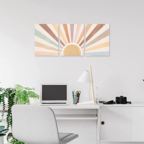 Boho Sun Wall Art Set of 3, Framed Canvas Wall Art Rainbow Sun Rising on the Horizon Geometric Nature Illustrations Line Art Wall, Mid-Century Modern Prints Boho Wall Decor for Living Room, Bedroom, Bathroom, Office, 12"x16" Watercolor
