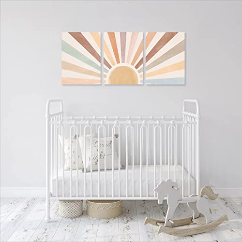 Boho Sun Wall Art Set of 3, Framed Canvas Wall Art Rainbow Sun Rising on the Horizon Geometric Nature Illustrations Line Art Wall, Mid-Century Modern Prints Boho Wall Decor for Living Room, Bedroom, Bathroom, Office, 12"x16" Watercolor