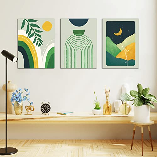 Framed Boho Wall Art Set of 3 Mid Century Modern Decor Minimalist Sage Green Botanical Boho Bathroom Decor Wall Art Canvas Prints Ready To Hang for Bedroom Living Room 12 x 16inch