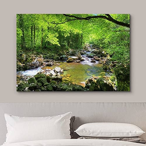 wall26 Canvas Print Wall Art River Through The Green Forest Nature Wilderness Photography Modern Art Rustic Scenic for Living Room, Bedroom, Office - 32"x48"