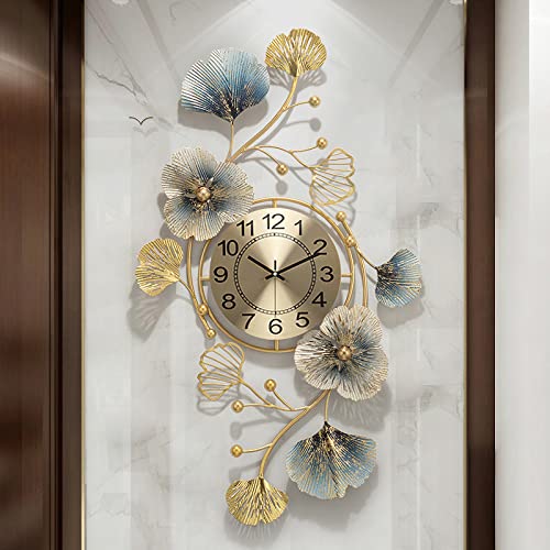 Fmnnfp Large Decorative Wall Clock 37 Inch Silent Non-Ticking Metal Wall Clock Art Design Ginkgo Leaf Big Wall Clock for Living Room Decor