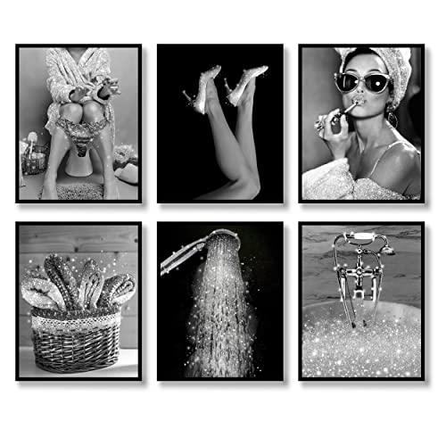 Fashion Wall Art Bathroom Wall Decor Prints Set of 6 Black and White Glam Glitter Canvas Posters Photos Pictures Bathroom Artwork Wall Modern Women Funny Bathroom (Black&White, 8"x10" UNFRAMED)