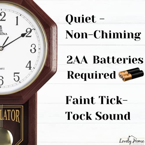 Pendulum Wall Clock - Regulator Clock - Wooden Schoolhouse Wall Clock with Pendulum - Wood Pendulum Clock Battery Operated - Decorative Wall Clocks for Living Room Decor, Home, Office and Gift 18x11