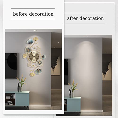 Fmnnfp Large Decorative Wall Clock 37 Inch Silent Non-Ticking Metal Wall Clock Art Design Ginkgo Leaf Big Wall Clock for Living Room Decor