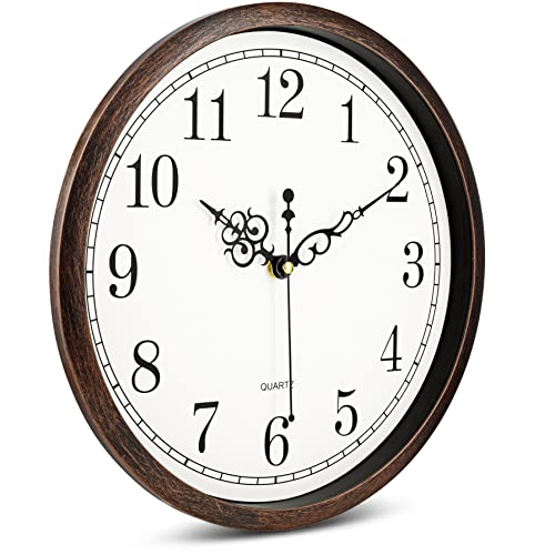 Bernhard Products Wall Clock 12 Inch Silent Non Ticking Movement Quality Quartz Battery Operated Round Easy to Read Decorative Brown Home/Kitchen/Office/Bedroom/Classroom/School Clocks, Black Numbers