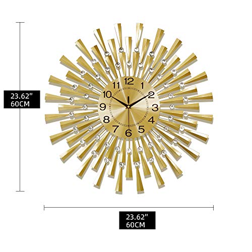 FLEBLE Large Wall Clocks for Living Room Decor Modern Gold Silent Wall Clock Battery Operated Non-Ticking for Bedroom Kitchen Office Home Decorative 24 Inch Retro Crystal Clocks Wall Decor for House