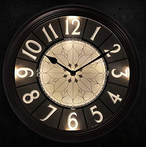 PresenTime & Co 12.6" Luminous Farmhouse Clock, Silent no Ticking, Oil Rubbed Bronze Finish, Vintage Style, Lighted Clock with Smart Sensor