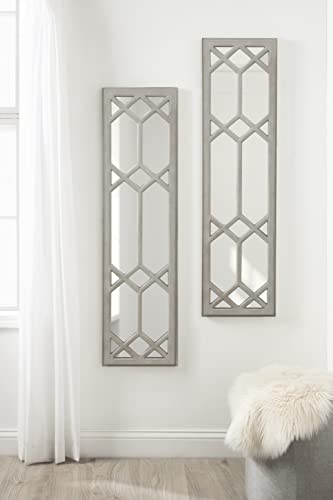Kate and Laurel Gramlock Rustic Farmhouse Framed Wooden Wall Mirror with Decorative Windowpane Overlay and Paint Distressing, 13x48, Gray