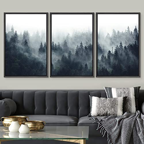 SIGNWIN Framed Canvas Print Wall Art Woodland Nursery Decor Set Misty Mountain Range Pine Tree Forest Nature Realism Decorative Rustic for Living Room, Bedroom, Office - 24"x36"x3 Black