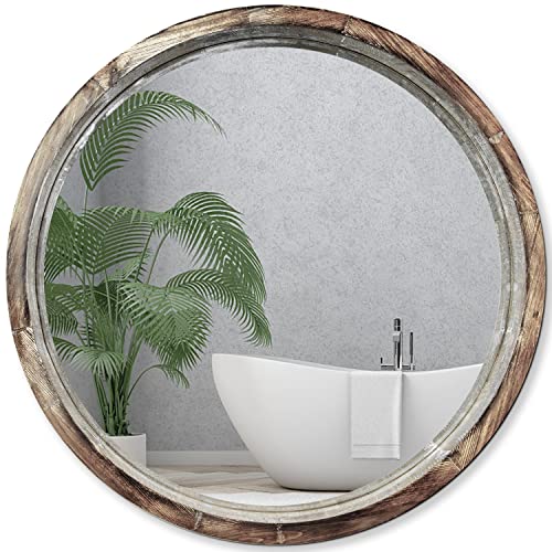 WOOCAFO 30 inch Round Bathroom Mirror, Bathroom Vanity Mirror Wall Mirror with Wood Frame, Rustic Farmhouse Round Mirror for Bathroom Vanity Living Room Bedroom Decor (Solid Wood)