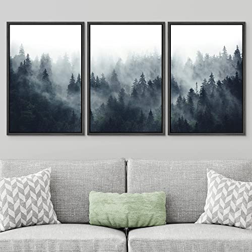 SIGNWIN Framed Canvas Print Wall Art Woodland Nursery Decor Set Misty Mountain Range Pine Tree Forest Nature Realism Decorative Rustic for Living Room, Bedroom, Office - 24"x36"x3 Black