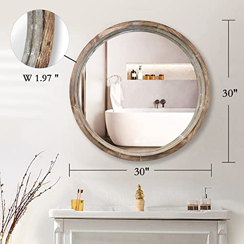WOOCAFO 30 inch Round Bathroom Mirror, Bathroom Vanity Mirror Wall Mirror with Wood Frame, Rustic Farmhouse Round Mirror for Bathroom Vanity Living Room Bedroom Decor (Solid Wood)
