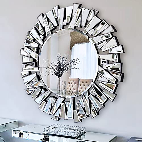 Autdot Round Wall Mirror for Living Room, Large Elegant Mirror Wall Decor with Beveled Edge, 32" x 32" Modern Decorative Mirror for Dining Room, Bathroom, Entrance