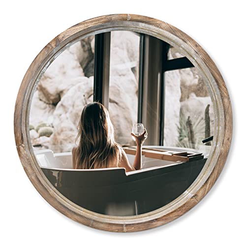 WOOCAFO 30 inch Round Bathroom Mirror, Bathroom Vanity Mirror Wall Mirror with Wood Frame, Rustic Farmhouse Round Mirror for Bathroom Vanity Living Room Bedroom Decor (Solid Wood)