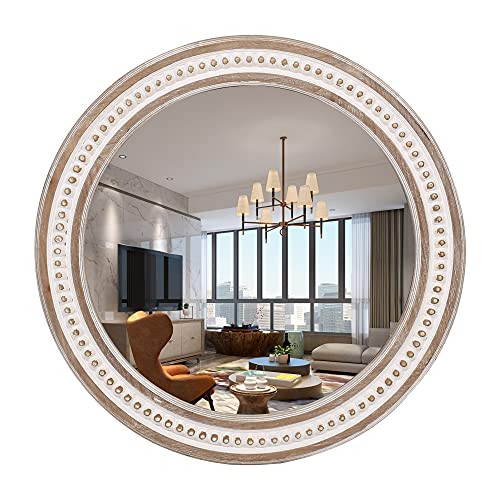 Round Wood Mirror Farmhouse Mirrors - 24 Inch Rustic Circle Mirrors Distressed Decorative Mirror for Wall Decor, Bedroom, Living Room, Or Entryway - Hanging Mirror with Beads Decor