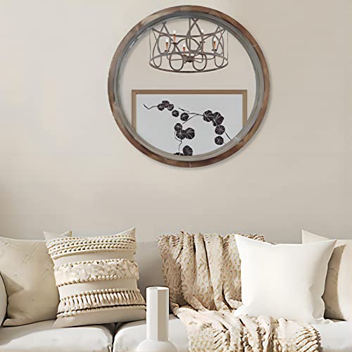 WOOCAFO 30 inch Round Bathroom Mirror, Bathroom Vanity Mirror Wall Mirror with Wood Frame, Rustic Farmhouse Round Mirror for Bathroom Vanity Living Room Bedroom Decor (Solid Wood)