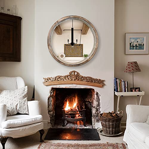 WOOCAFO 30 inch Round Bathroom Mirror, Bathroom Vanity Mirror Wall Mirror with Wood Frame, Rustic Farmhouse Round Mirror for Bathroom Vanity Living Room Bedroom Decor (Solid Wood)