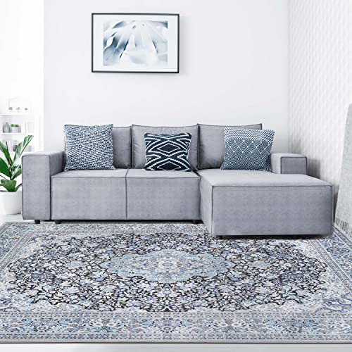 SUPERIOR Indoor Large Area Rug, Farmhouse Home Throw for Bedroom, Office, Living Room, Dining/Kitchen, Entry, Floral Medallion Floor Decor, Fiorella Collection, Azure, 10' x 14'