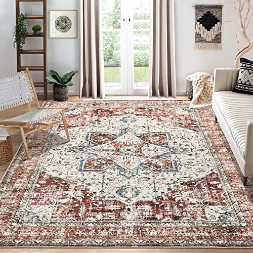 Area Rug Living Room Rugs - 8x10 Washable Boho Rug Vintage Oriental Distressed Farmhouse Large Thin Indoor Carpet for Living Room Bedroom Under Dining Table Home Office - Cream Red
