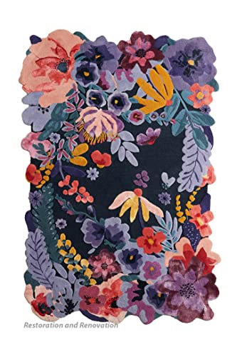 Restoration and Renovation Handmade Flower Multicoloured Irregular Area Rug 100% Imported Blended Wool Floral Area Rug (Navy, 14x9.6 ft)