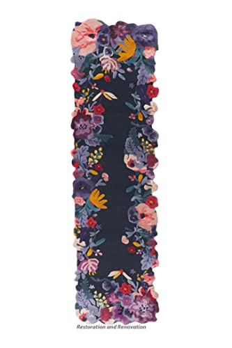 Restoration and Renovation Handmade Flower Multicoloured Irregular Area Rug 100% Imported Blended Wool Floral Area Rug (Navy, 14x9.6 ft)