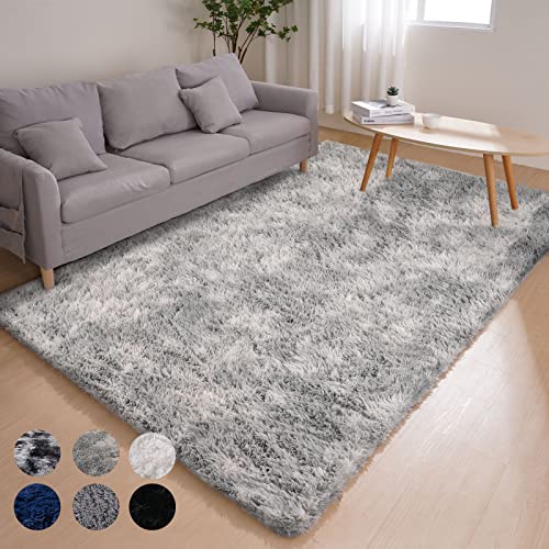 YoRango Tie-Dyed Light Grey Area Rug, 8' x 10', Large Rugs for Living Room, Fluffy Soft Living Room Area Rug, Shaggy Rugs for Bedroom, Non-Slip Rug
