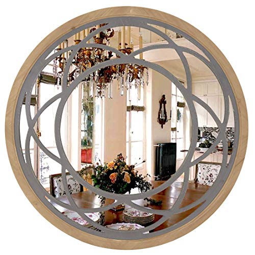 RiteSune Farmhouse Round Large 30" Wall Mirror with Wooden Decorative Pattern Frame for Living Room Bedroom Kitchen Entryway Wall Decor, Lotus