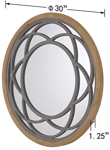 RiteSune Farmhouse Round Large 30" Wall Mirror with Wooden Decorative Pattern Frame for Living Room Bedroom Kitchen Entryway Wall Decor, Lotus