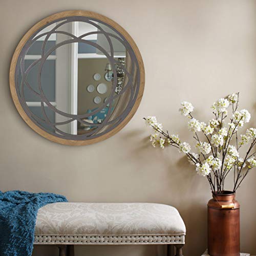RiteSune Farmhouse Round Large 30" Wall Mirror with Wooden Decorative Pattern Frame for Living Room Bedroom Kitchen Entryway Wall Decor, Lotus