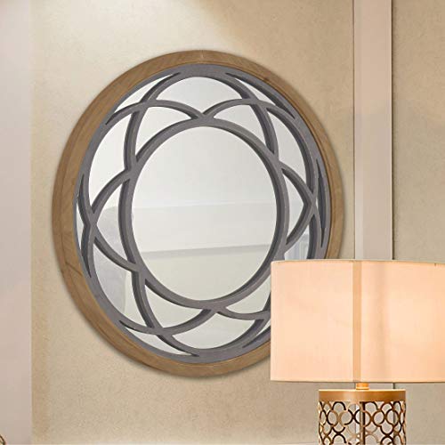 RiteSune Farmhouse Round Large 30" Wall Mirror with Wooden Decorative Pattern Frame for Living Room Bedroom Kitchen Entryway Wall Decor, Lotus