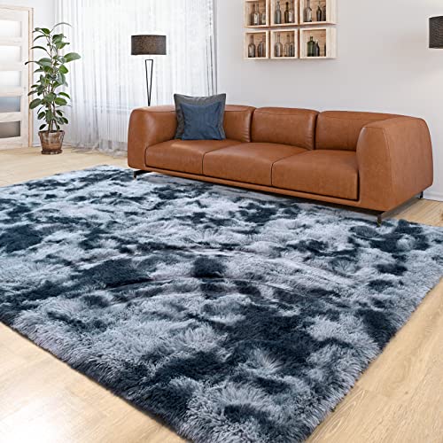 QXKAKA Soft Shaggy Rugs for Living Room Bedroom Carpet 6x9 Area Rugs, Non-Slip Machine Washable Thick Fluffy Shag Rug for Boys Kids Room, Luxury Fuzzy Tie Dye Rug, Plush Modern Home Decor, Blue Grey