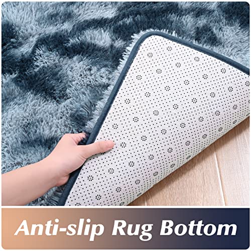 QXKAKA Soft Shaggy Rugs for Living Room Bedroom Carpet 6x9 Area Rugs, Non-Slip Machine Washable Thick Fluffy Shag Rug for Boys Kids Room, Luxury Fuzzy Tie Dye Rug, Plush Modern Home Decor, Blue Grey