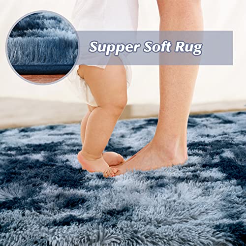 QXKAKA Soft Shaggy Rugs for Living Room Bedroom Carpet 6x9 Area Rugs, Non-Slip Machine Washable Thick Fluffy Shag Rug for Boys Kids Room, Luxury Fuzzy Tie Dye Rug, Plush Modern Home Decor, Blue Grey