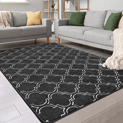 Chicrug Shag Geometric Modern Area Rug for Bedroom, 4x6 Feet Memory Foam Indoor Carpet, Moroccan Fluffy Rug for Living Room Bedside Room Decor for Family Girls Kids Nursery Play Mat, Dark Grey/White