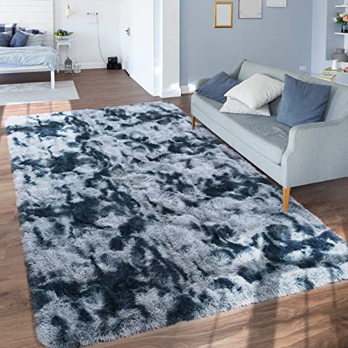 QXKAKA Soft Shaggy Rugs for Living Room Bedroom Carpet 6x9 Area Rugs, Non-Slip Machine Washable Thick Fluffy Shag Rug for Boys Kids Room, Luxury Fuzzy Tie Dye Rug, Plush Modern Home Decor, Blue Grey