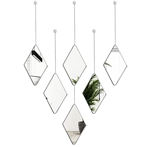 6 Pack Mirror Wall Decor Set with 2 Screwdriver Diamond Hanging Wall Mirror with Chain Silver Frame Decorative Chain Mirror for Home Living Room Entryways Bathroom Farmhouse Wall Decor, 10.8x6.7inches