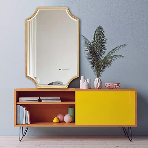 Kelly Miller 24"x36" Metal Gold Beveled Mirror for Wall Decor, Scalloped Decorative Mirror for Bathroom, Entrance, Hallway, Bedroom & Living Room