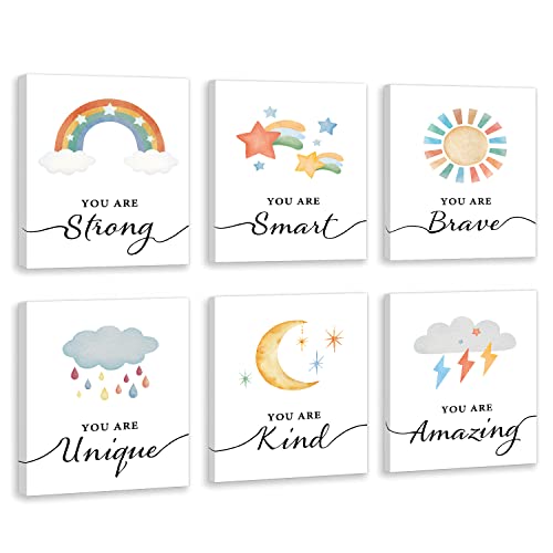 HPNIUB Colorful Rainbow Art Print, Kids Inspirational Wall Art Set of 6 Pieces (12X16inch) Cartoon Weather Canvas Poster, Modern Saying Painting With Framed Ready to Hang for Nursery Classroom Decor