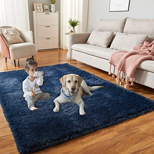 YQQRIGRO 5x7 Feet Rugs for Bedroom, Navy Blue Super Soft Shaggy Rugs Fluffy Carpets, Indoor Modern Plush Area Rugs for Living Room Dorm Kids Room, Fuzzy Non-Slip Rugs for Kids Boys Girls