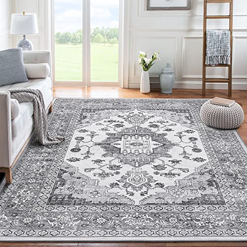 Area Rug Living Room Rugs: 8x10 Large Machine Washable Boho Carpet Vintage Medallion Floral Indoor Non Slip Decor Carpets for Under Dining Table Bedroom Farmhouse Nursery Home Office Grey