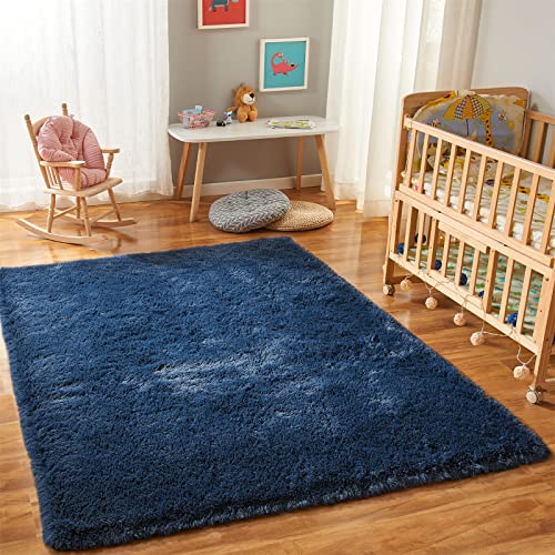 YQQRIGRO 5x7 Feet Rugs for Bedroom, Navy Blue Super Soft Shaggy Rugs Fluffy Carpets, Indoor Modern Plush Area Rugs for Living Room Dorm Kids Room, Fuzzy Non-Slip Rugs for Kids Boys Girls