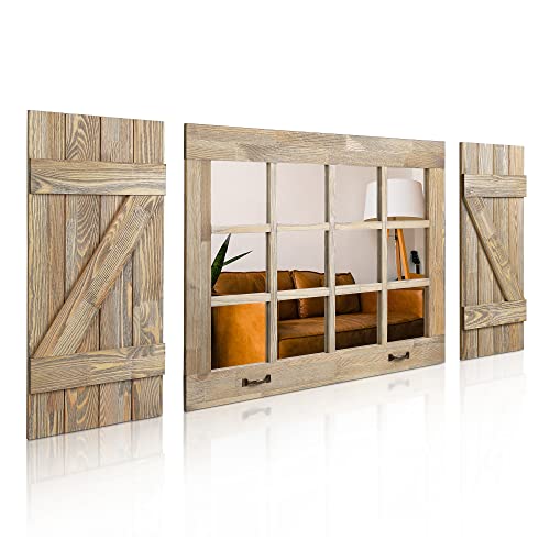 Window Pane Mirror Wall Decor, Distressed Wood Mirror Shutters Decorative Wall Mirror Farmhouse Decor Living Room, Rustic Home Decor for Walls Accent (Window Mirrorx1,Shuttersx2) Rustic Brown