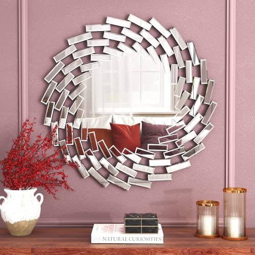 SHYFOY 31.5'' Round Mirror Wall Decor Beveled Decorative Wall Mirrors Silver Hanging Mirror for Living Room Bedroom Entryway Large Modern Accent Mirror